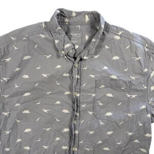 Alphabeta Men’s Medium Gray Dinosaur Print Button Up Shirt Short Sleeve Cotton